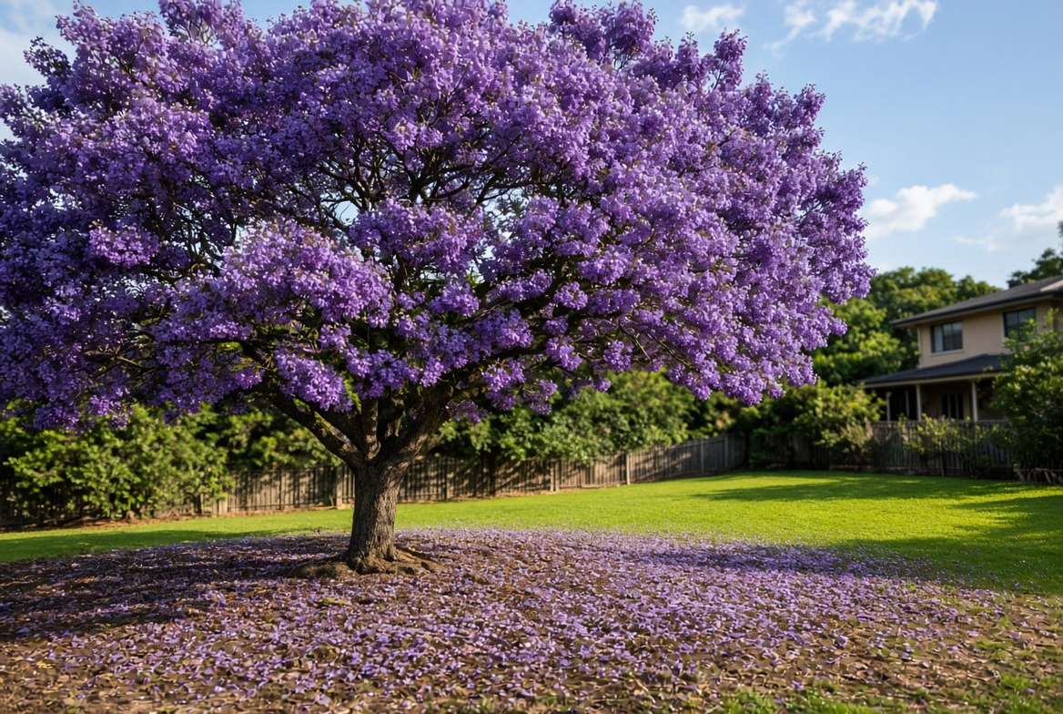 A young Jacaranda plant growing on a raised earthen mound in well-draining sandy soil to prevent root rot