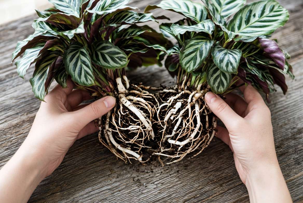 A photo demonstrating propagation of a Calathea Stella plant by rhizome division, showing the intricate root system on a wooden surface.