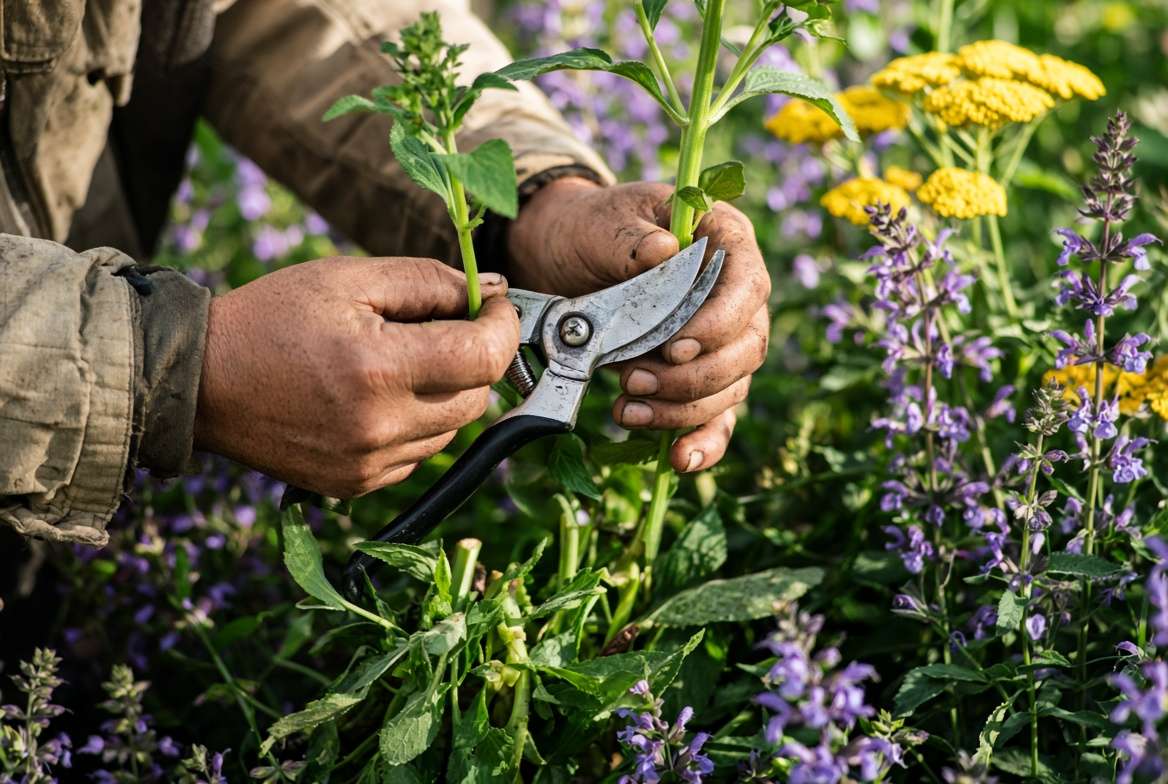 A gardener using pruning shears to cut back overgrown perennials in a summer garden.