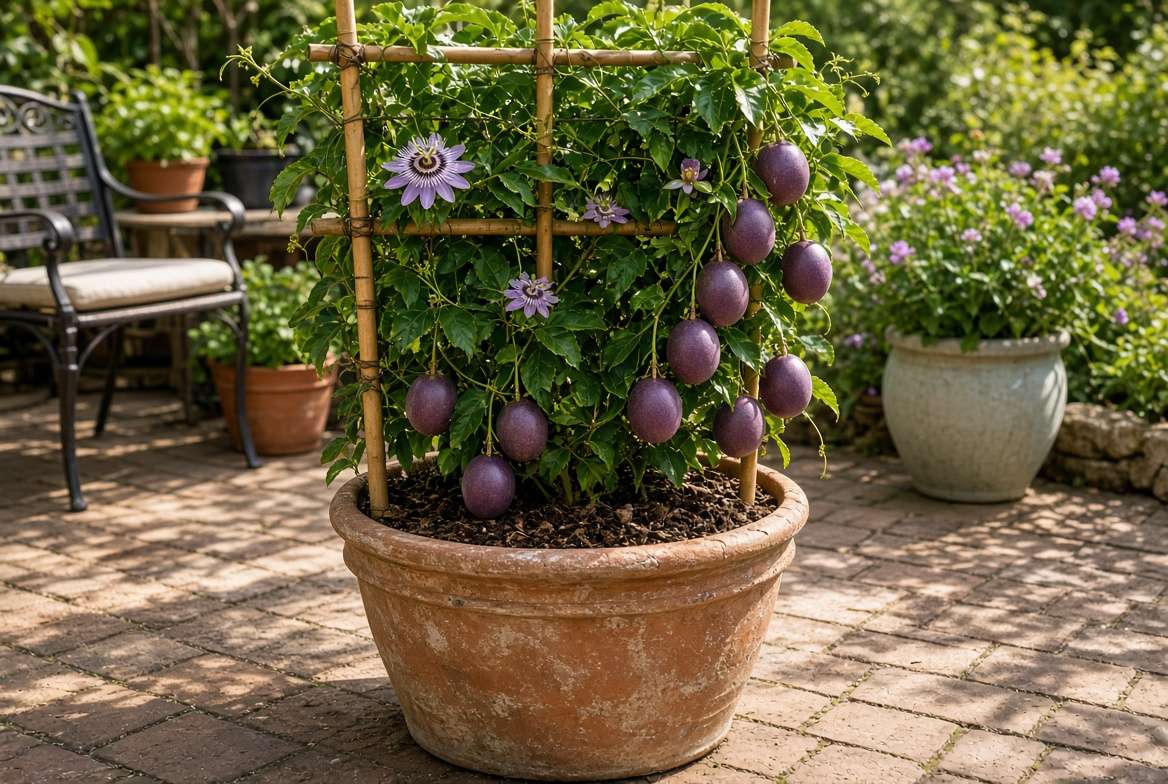 A thriving passion fruit vine growing in a large terracotta pot on a sunny patio, climbing a built-in trellis.