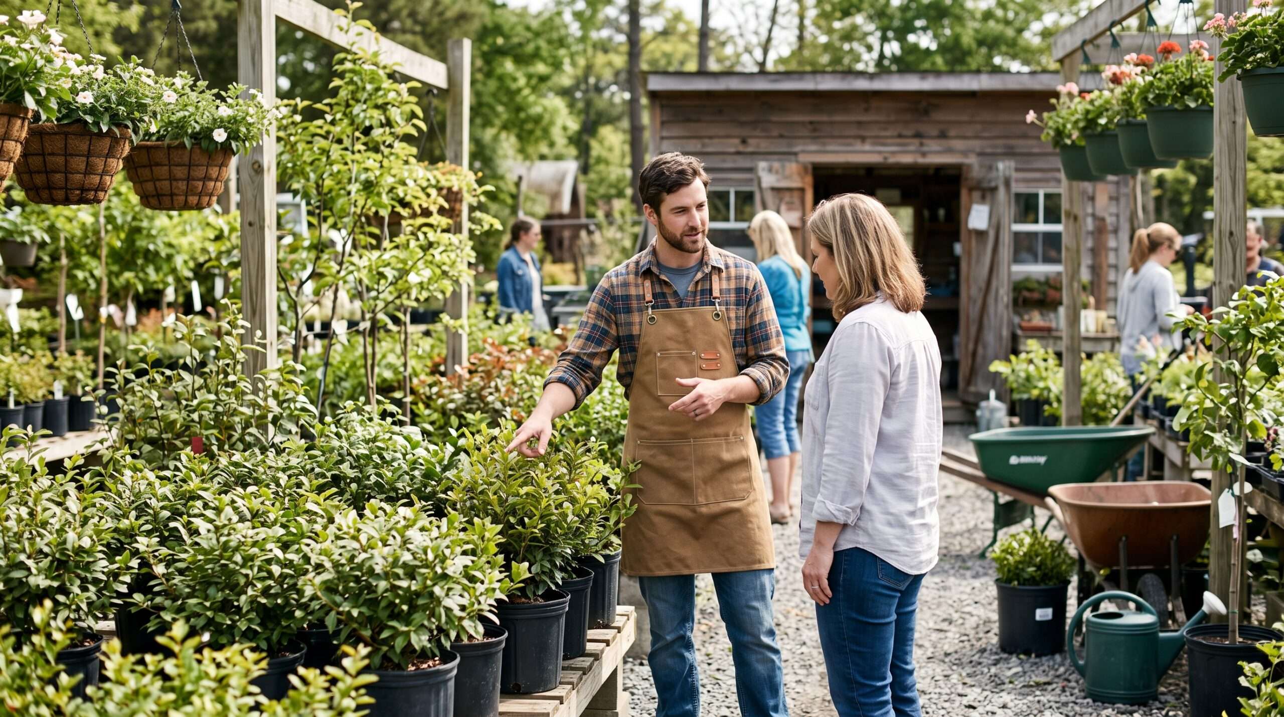 A customer and a nursery expert discussing healthy outdoor plants and soil at a local Wilmington nursery.