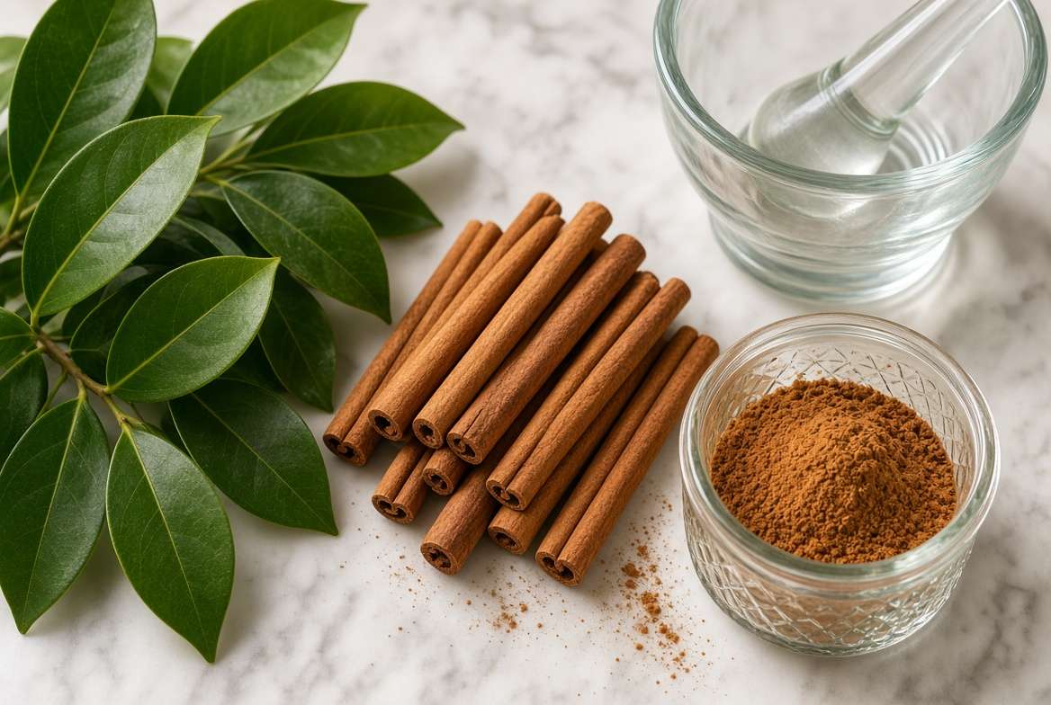 Freshly harvested cinnamon leaves and dried cinnamon sticks stored in a glass jar.
