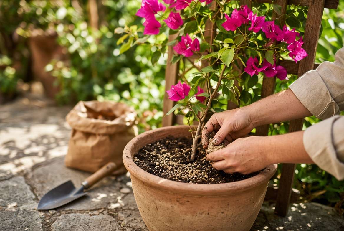 A gardener applying organic fertilizer to a potted bougainvillea plant.