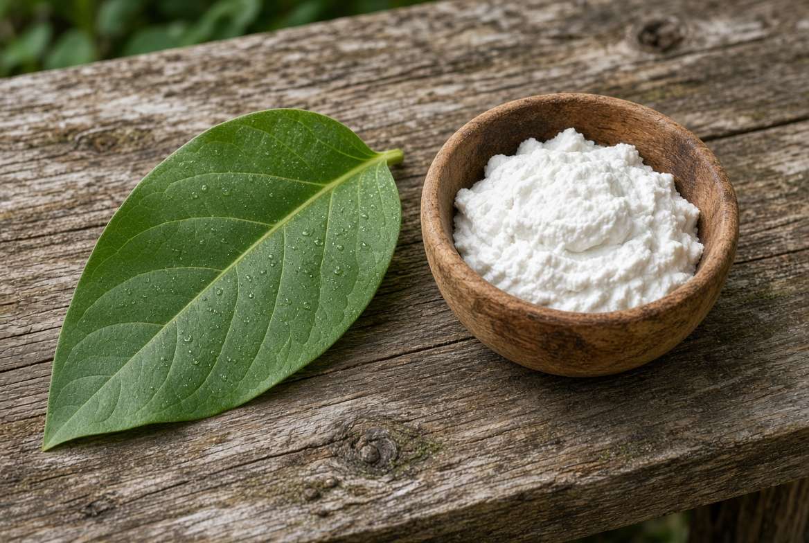 Natural first aid remedies for a stinging nettle burn including a fresh dock leaf and baking soda paste on a wooden table