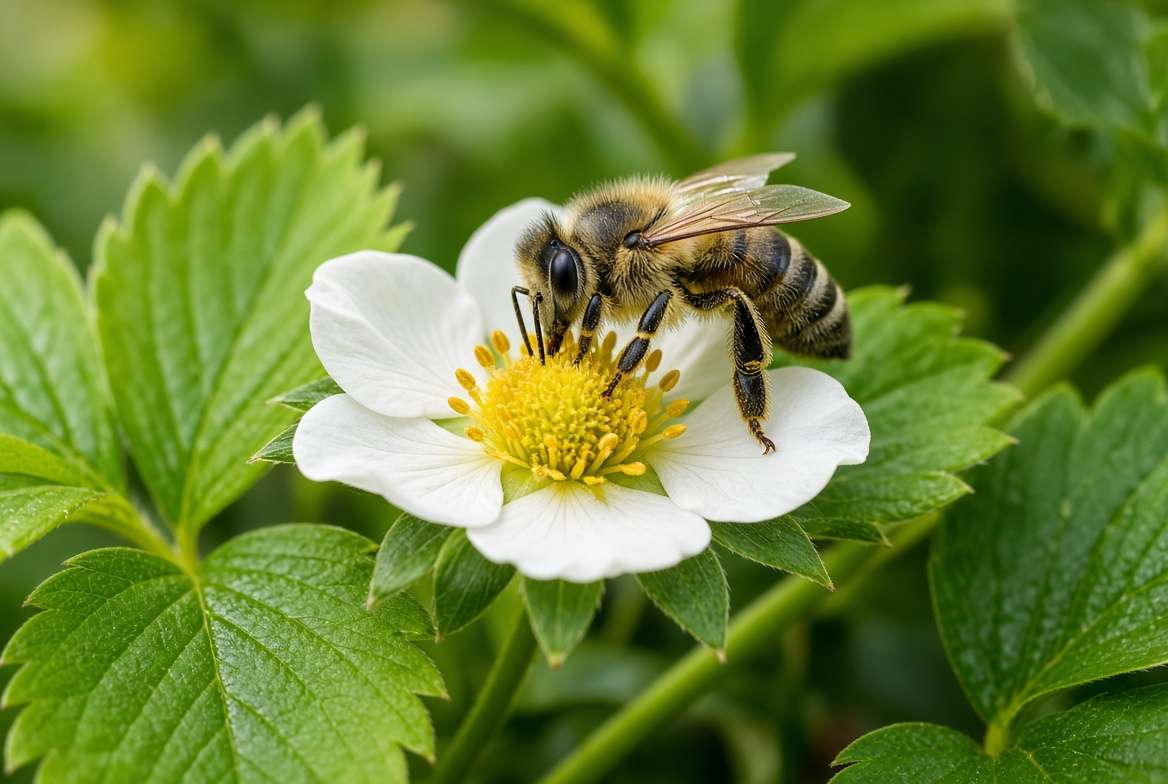 A honeybee pollinating a white strawberry blossom during the flowering stage of the plant's life cycle