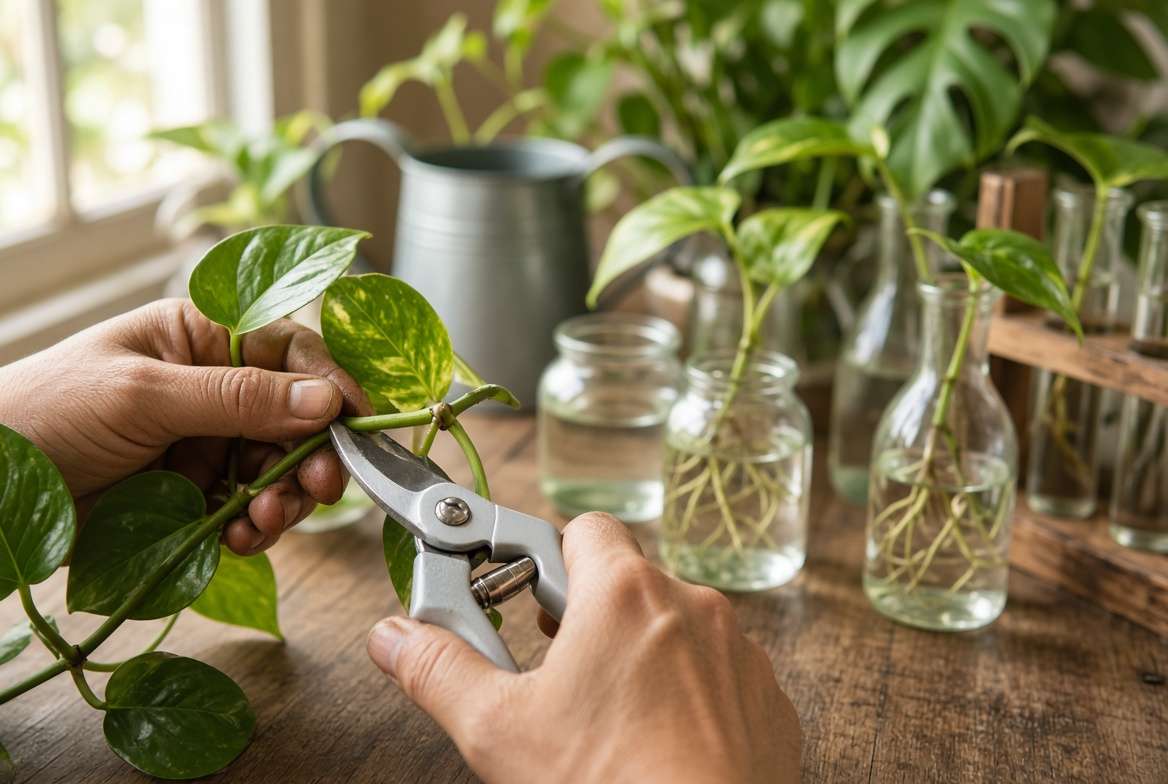 Sniping a plant stem below a node to propagate a cutting in water.