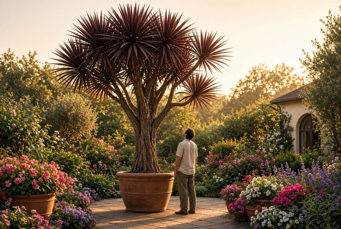 Mature multi-year-old Cordyline australis spike plant grown into a large tree as a patio centerpiece.
