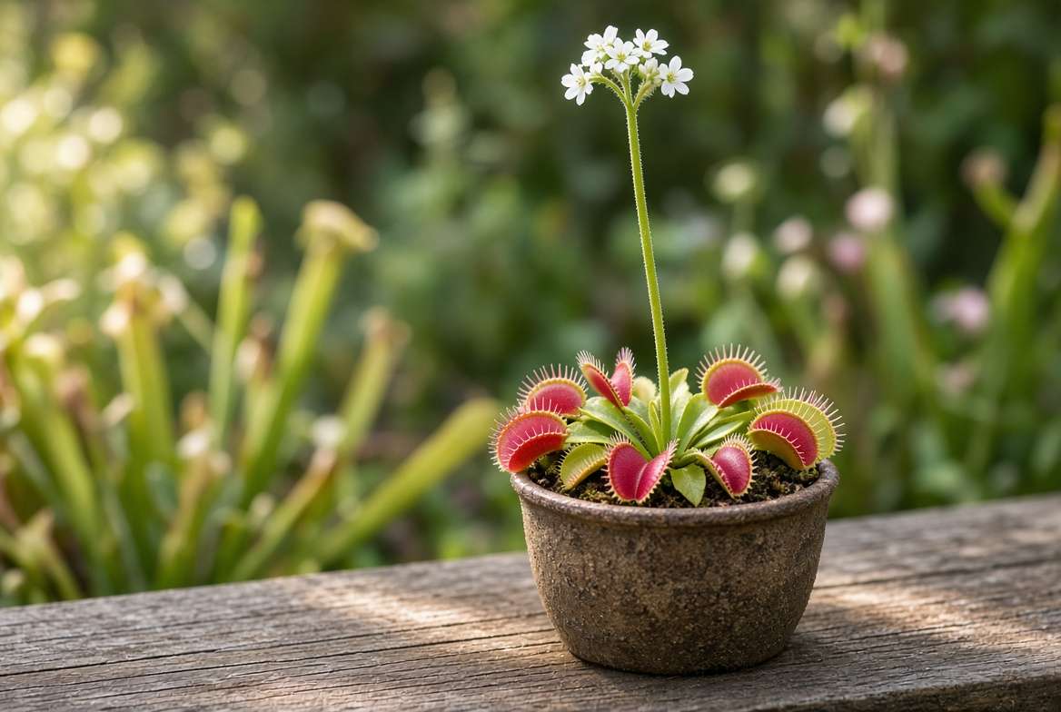 A Venus fly trap plant with a tall stalk of delicate white flowers rising above the traps.