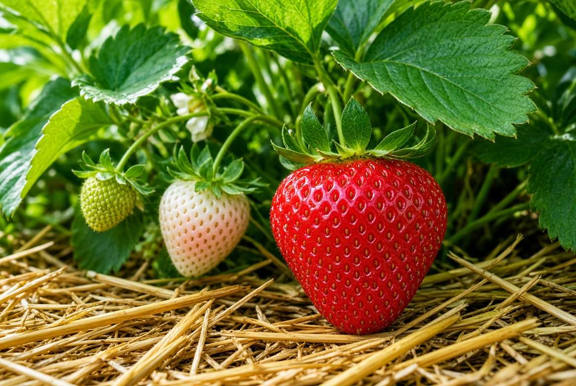 A strawberry plant showing green, white, and ripe red strawberries resting safely on golden straw mulch to prevent rot.