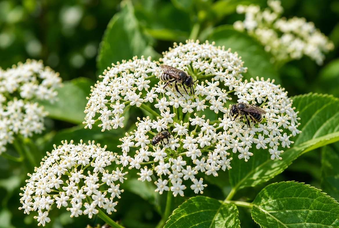 Native bees pollinating white elderberry tree flowers in a sunny garden.