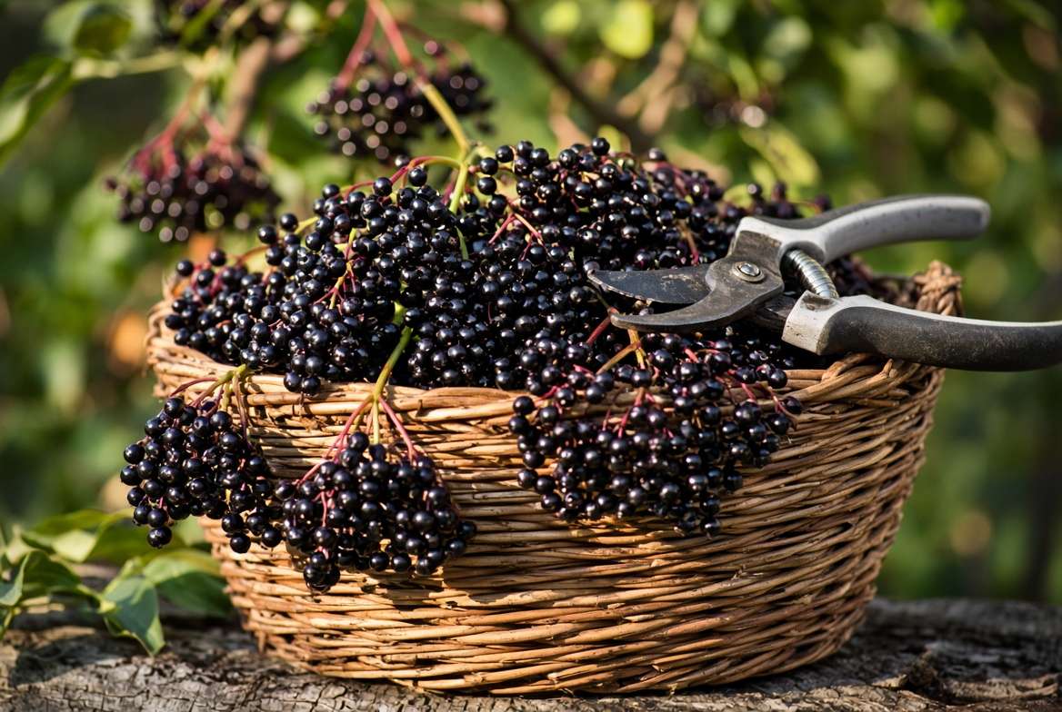 A woven garden basket overflowing with freshly harvested, ripe dark purple elderberries.