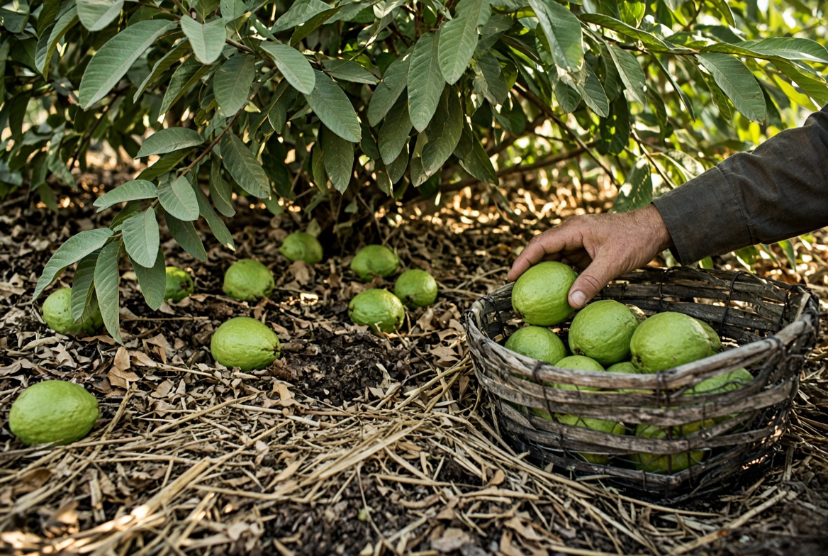 Harvesting ripe pineapple guava fruits that have naturally fallen onto a straw-covered ground beneath a leafy shrub.