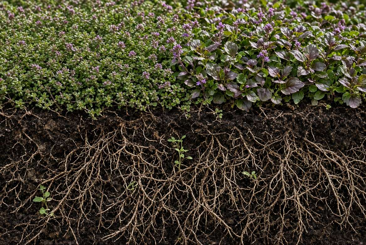 Cross-section close-up of a dense perennial ground cover roots and foliage choking out tiny weed sprouts in garden soil.