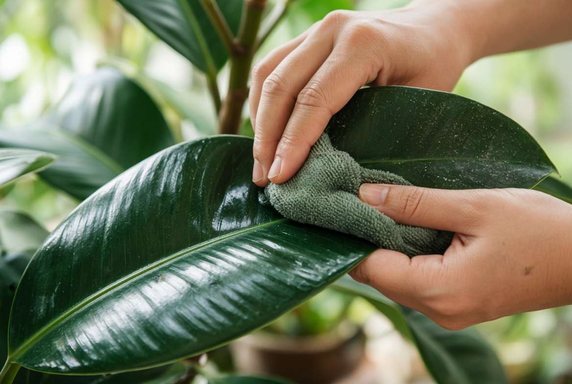 Gently cleaning the broad leaf of a rubber plant with a damp microfiber cloth to restore its natural shine and boost growth