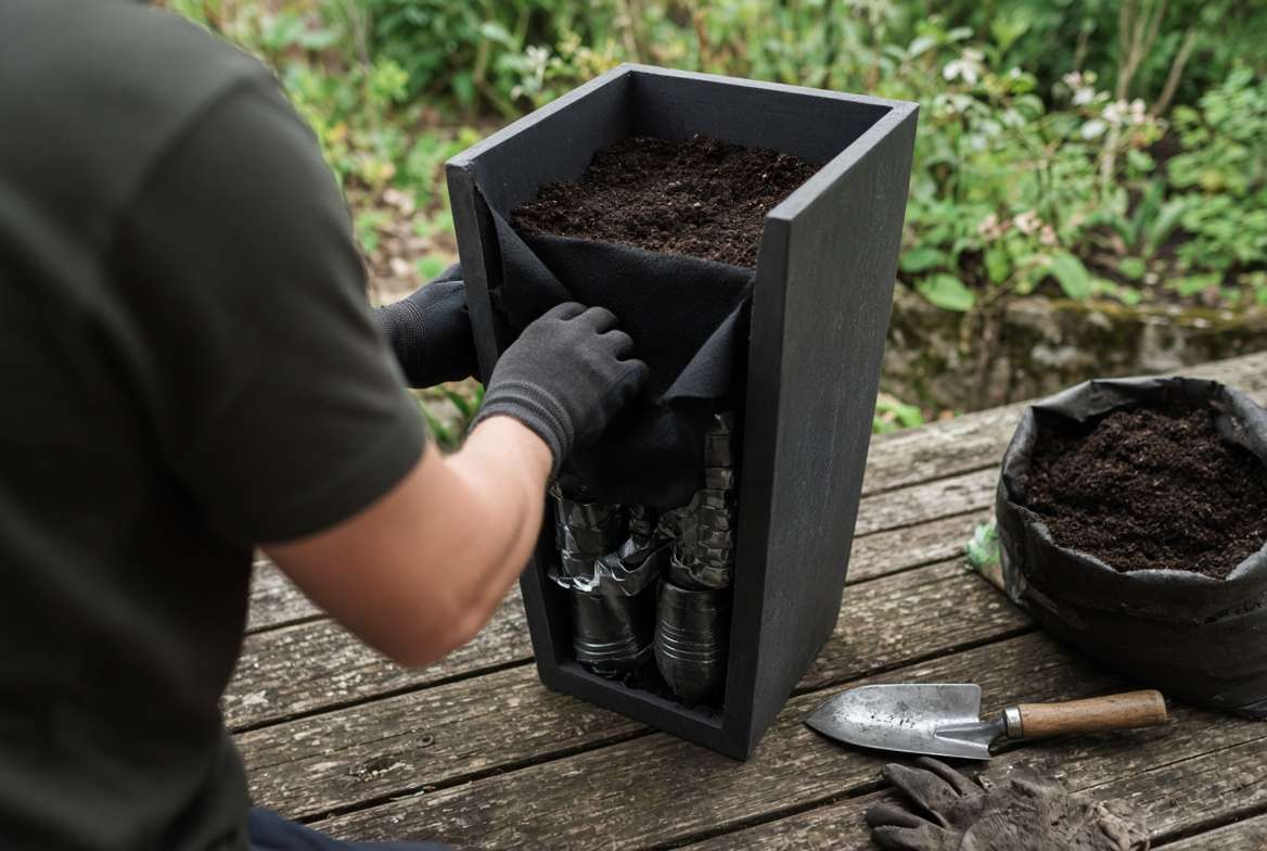 A gardener installing a landscape fabric barrier over filler material inside a tall skinny planter to create a false bottom
