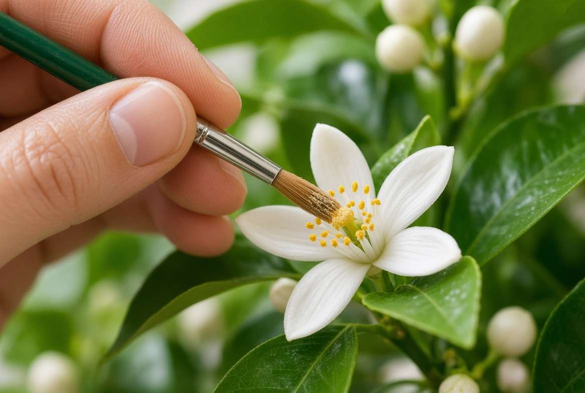 Macro close-up of a hand pollinating a white calamondin tree blossom indoors using a small soft paintbrush.