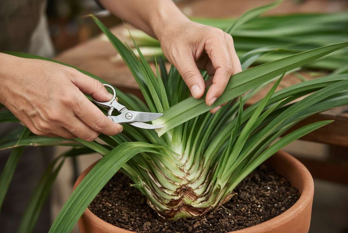 Close-up of hands using pruning shears to harvest a mature bottom leaf from the base of a pandanus amaryllifolius plant.