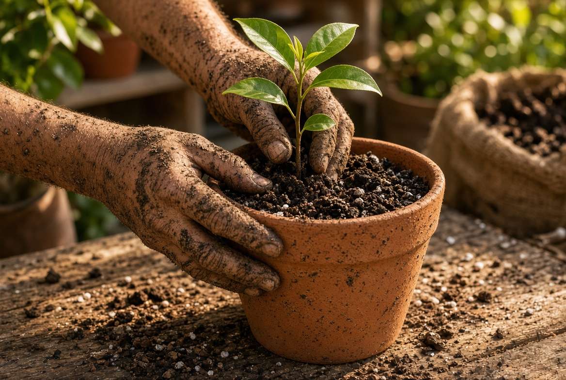 Planting a young cinnamon tree in a terracotta pot with well-draining soil mix.