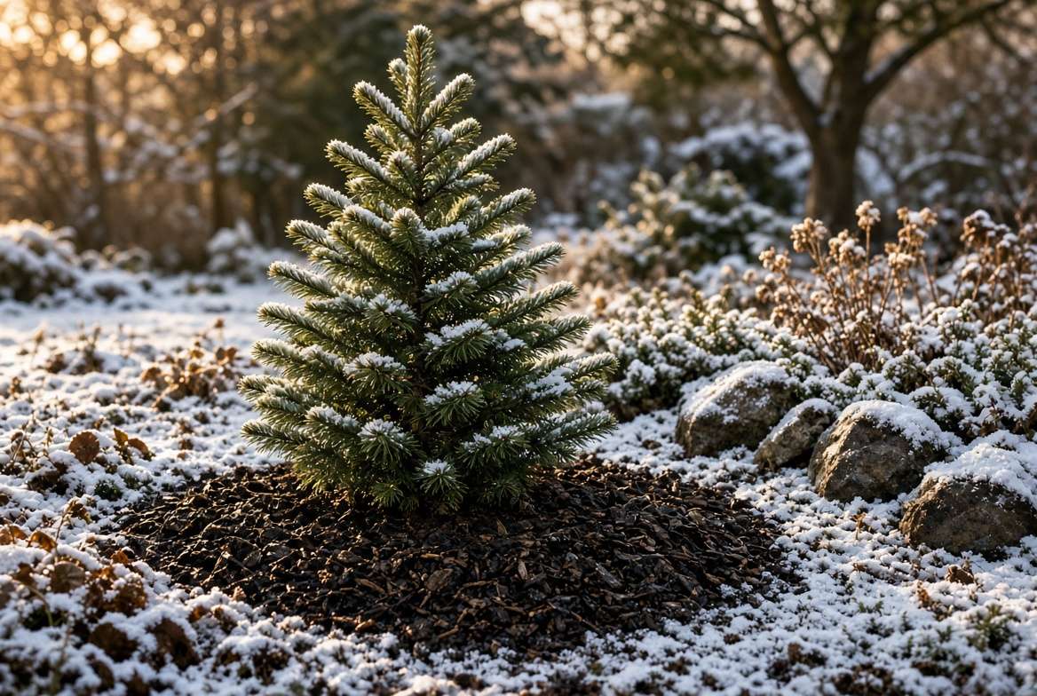 A newly planted living Christmas tree outdoors in a winter landscape with protective mulch