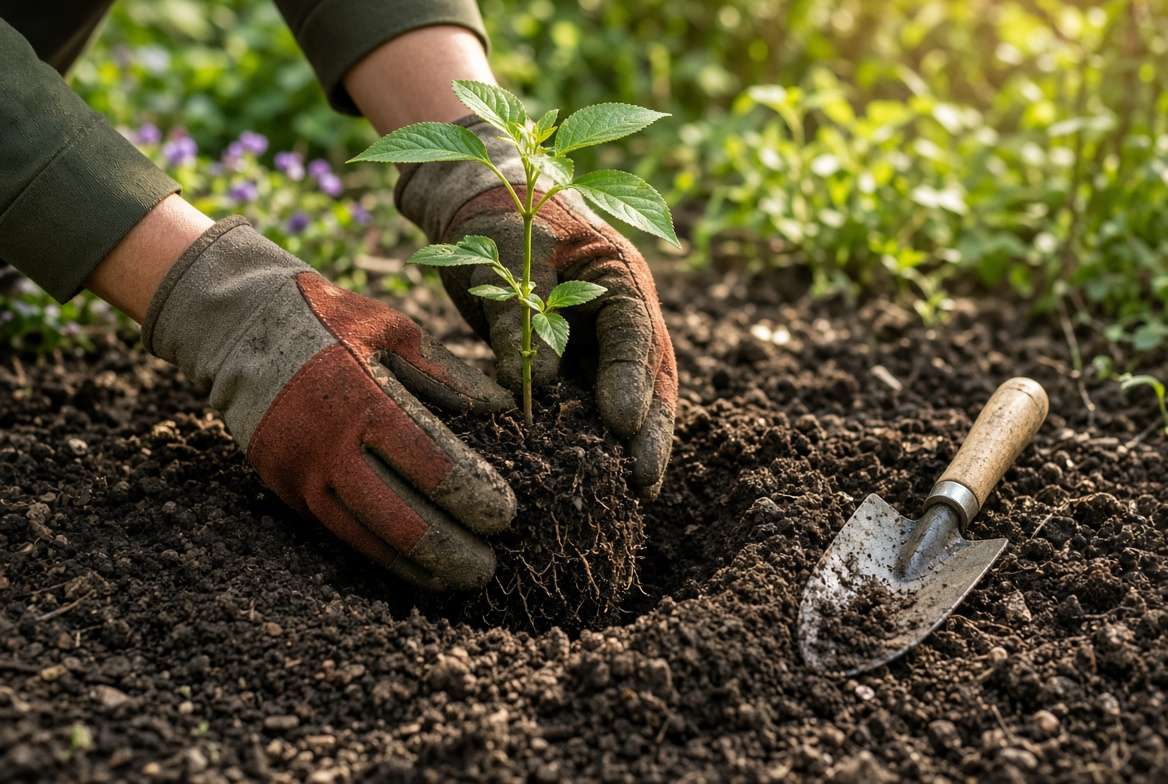 Hands planting a young elderberry tree sapling in rich, loamy soil.