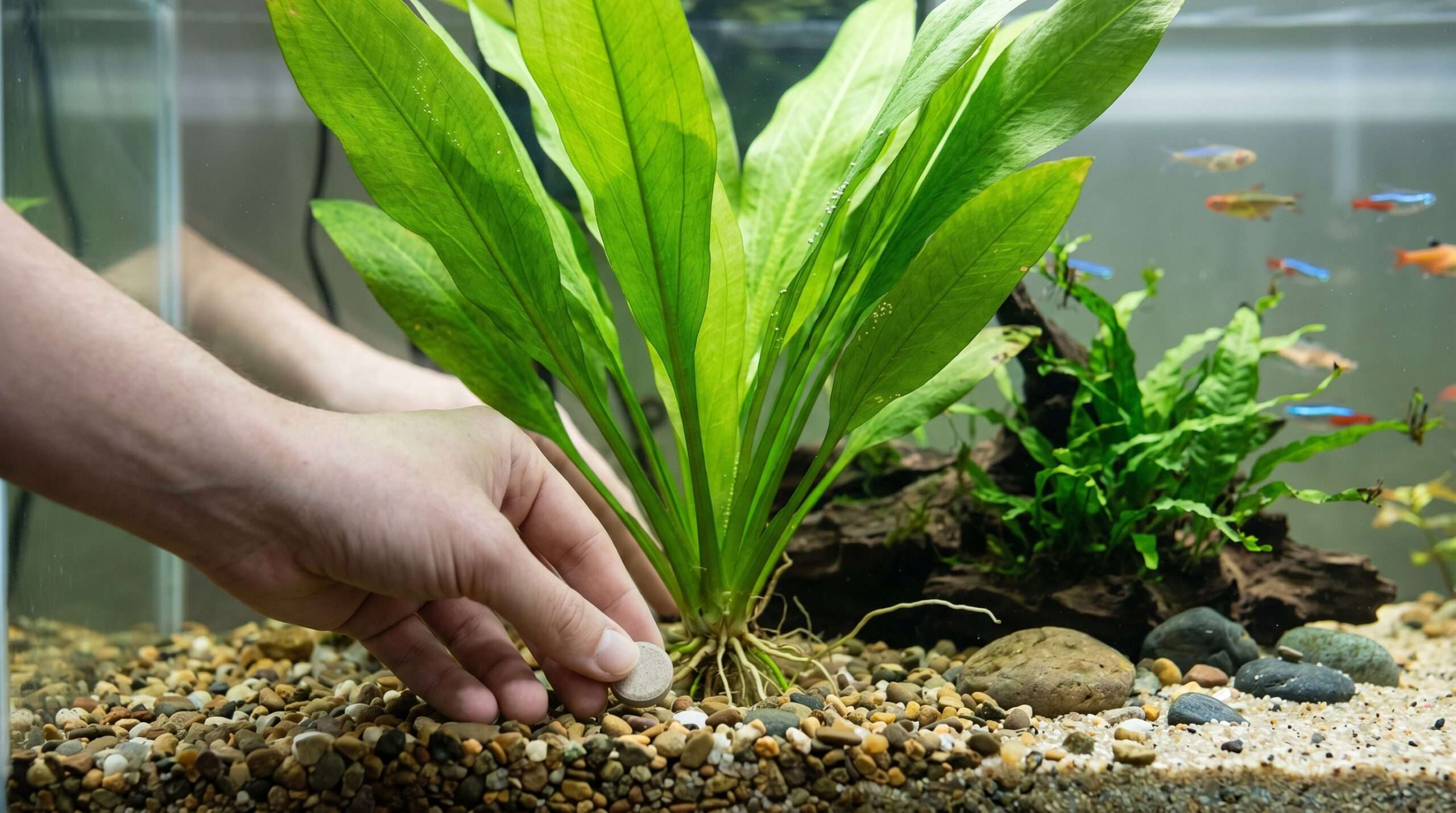 Placing a root tab fertilizer into the gravel at the base of an Amazon Sword plant in a low-tech natural aquarium.