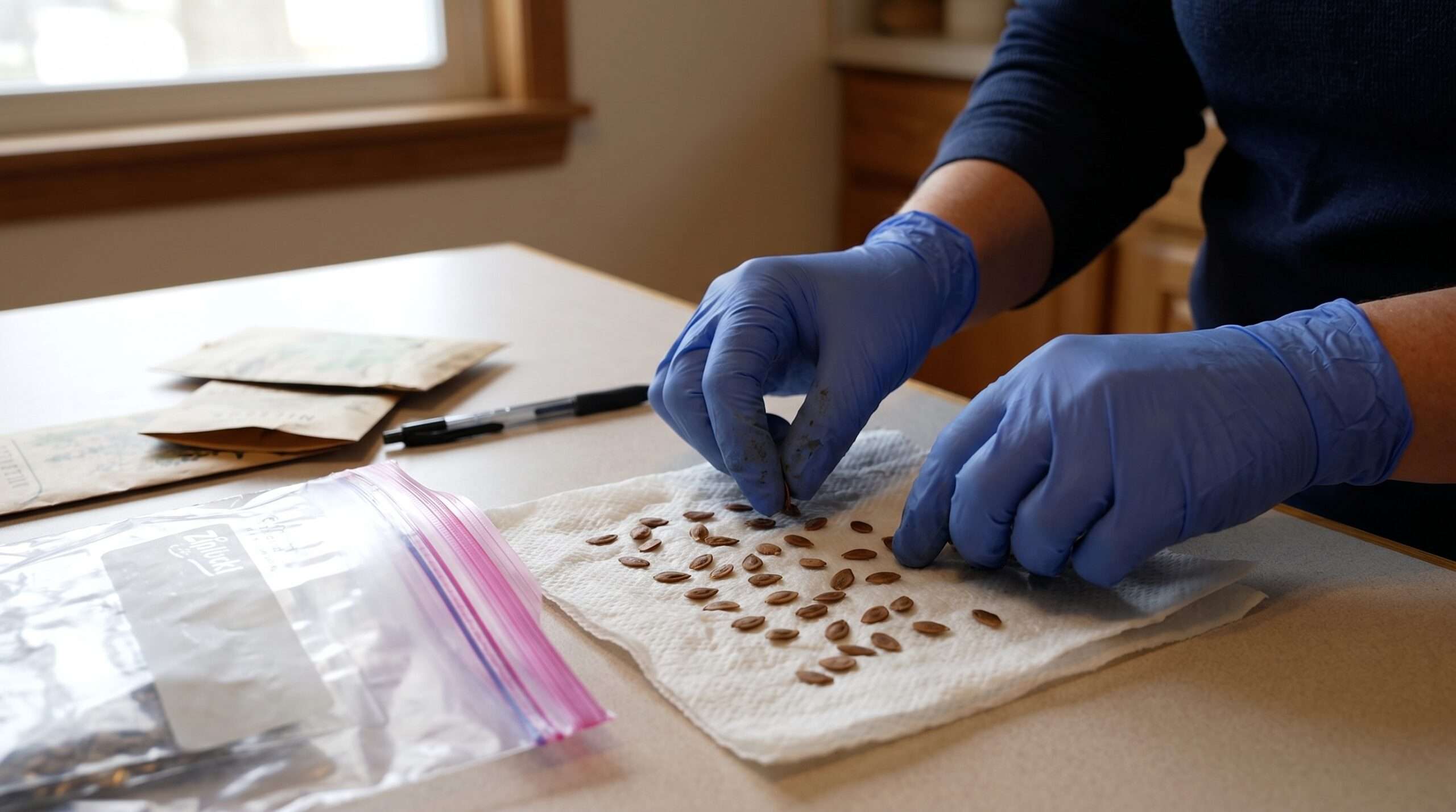 A person preparing milkweed seeds on a damp paper towel with a plastic bag for cold stratification.