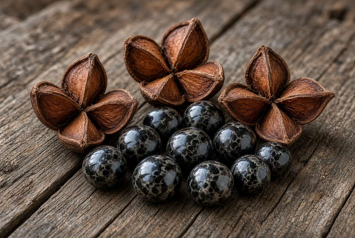 Dark shiny Mexican buckeye tree seeds and open reddish-brown woody seed pods on a table.