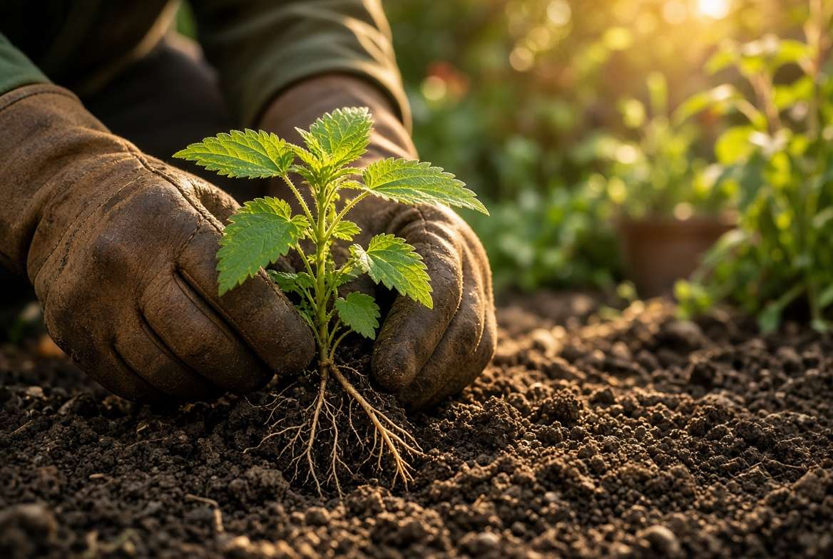 Gardener wearing protective thick leather gloves safely pulling a stinging nettle weed and its roots from the soil.