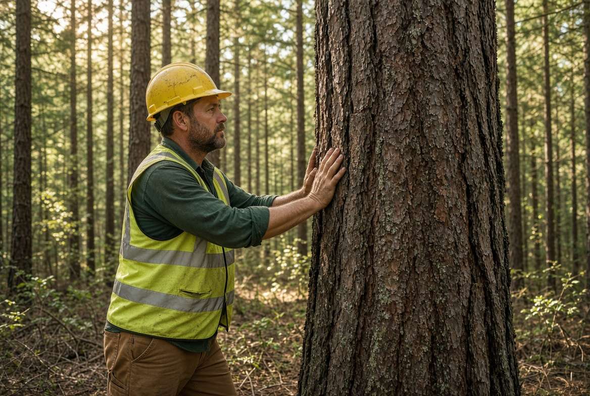 Professional forester carefully inspecting and selecting a dominant mature pine tree for a seed tree harvest.