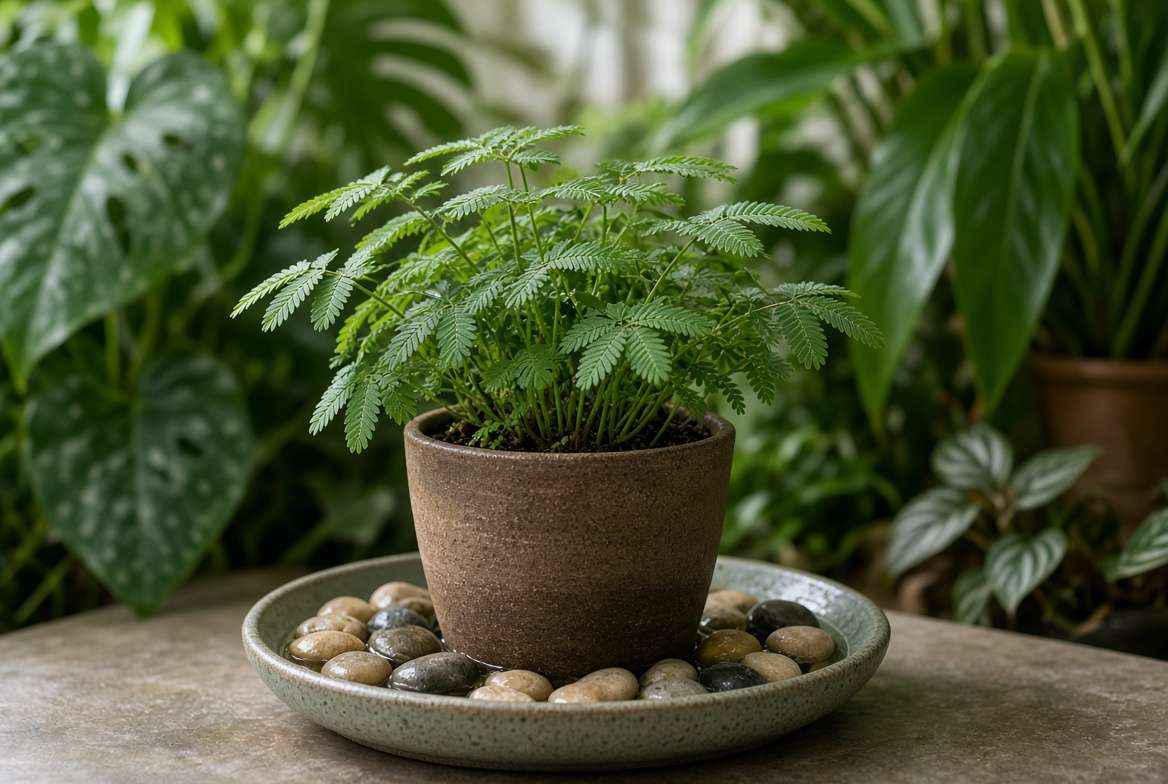 A sensitive plant placed on a pebble tray filled with water to increase indoor humidity levels.