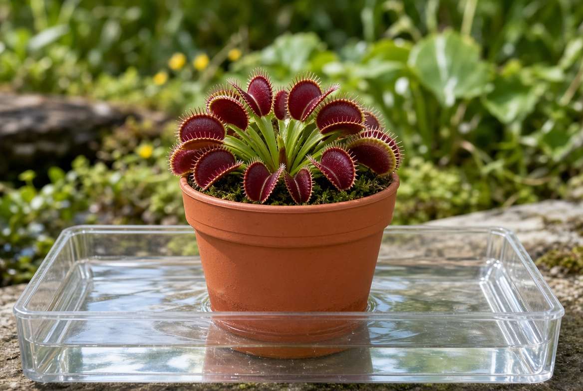 A glazed ceramic pot containing a Venus fly trap sitting in a plastic saucer filled with water.