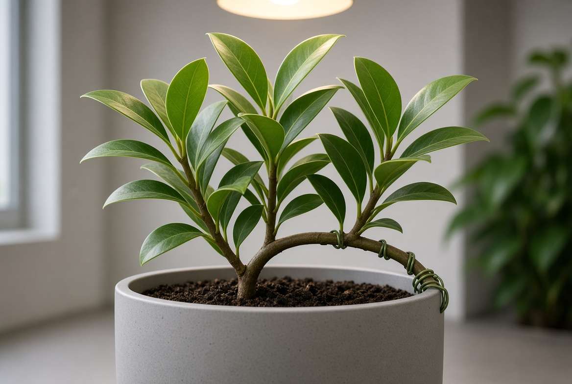 Low-Stress Training (LST) technique showing a bent main plant stem secured with soft garden ties