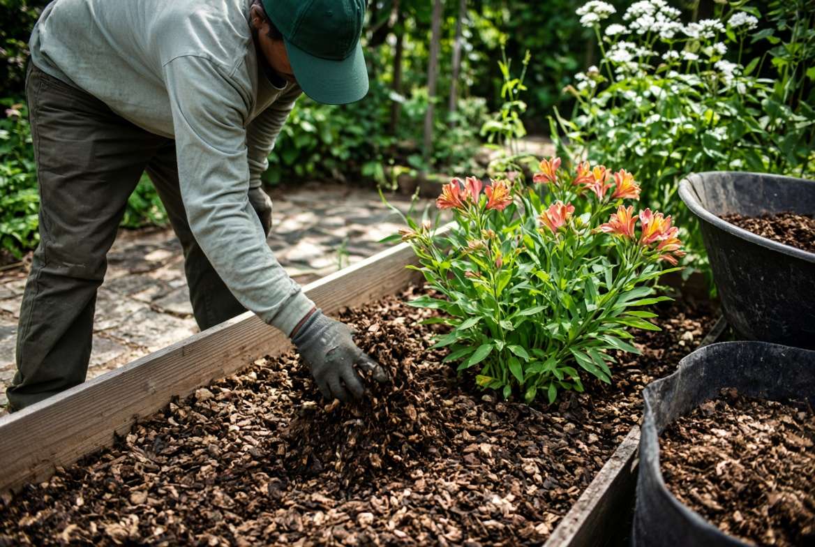 Applying a thick layer of organic mulch around the base of a Peruvian lily plant to cool the soil.