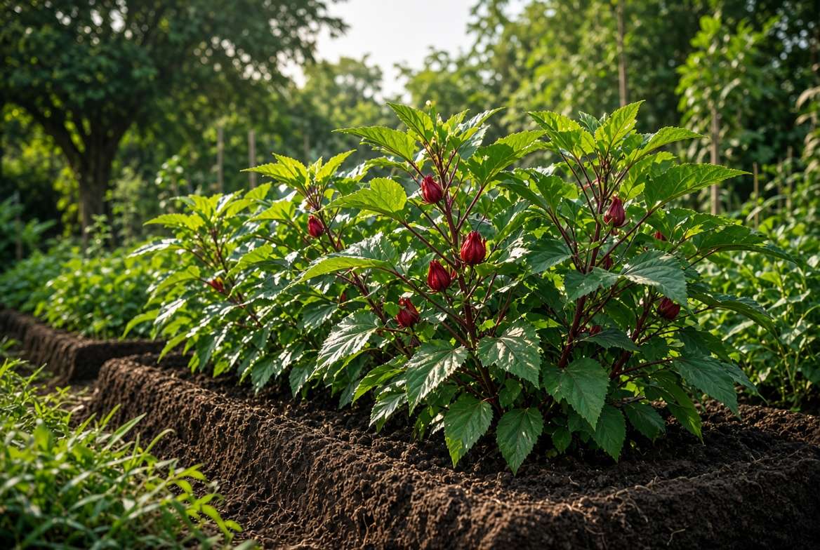 Rows of flourishing roselle hibiscus plants thriving under full natural sunlight in garden beds