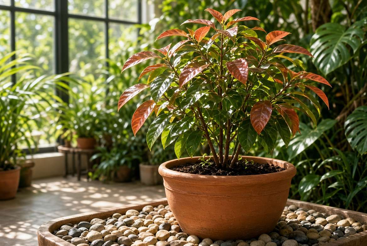 A healthy potted cinnamon tree thriving in a bright, sunlit indoor room.