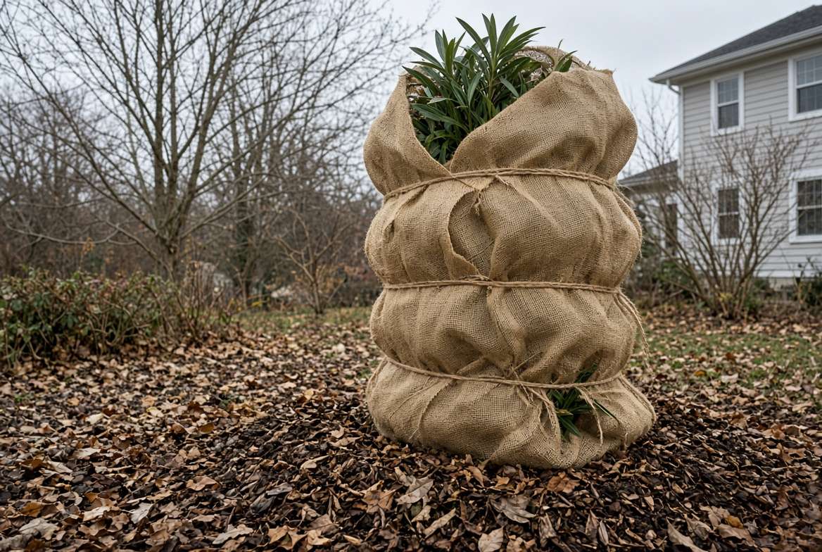 A large, in-ground oleander plant wrapped in burlap with a thick layer of mulch around its base for winter frost protection.
