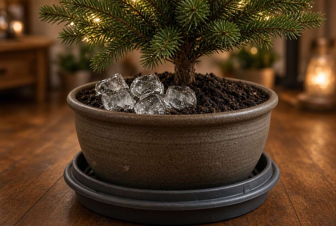 Using the ice cube method to slowly water a live potted Christmas tree indoors.