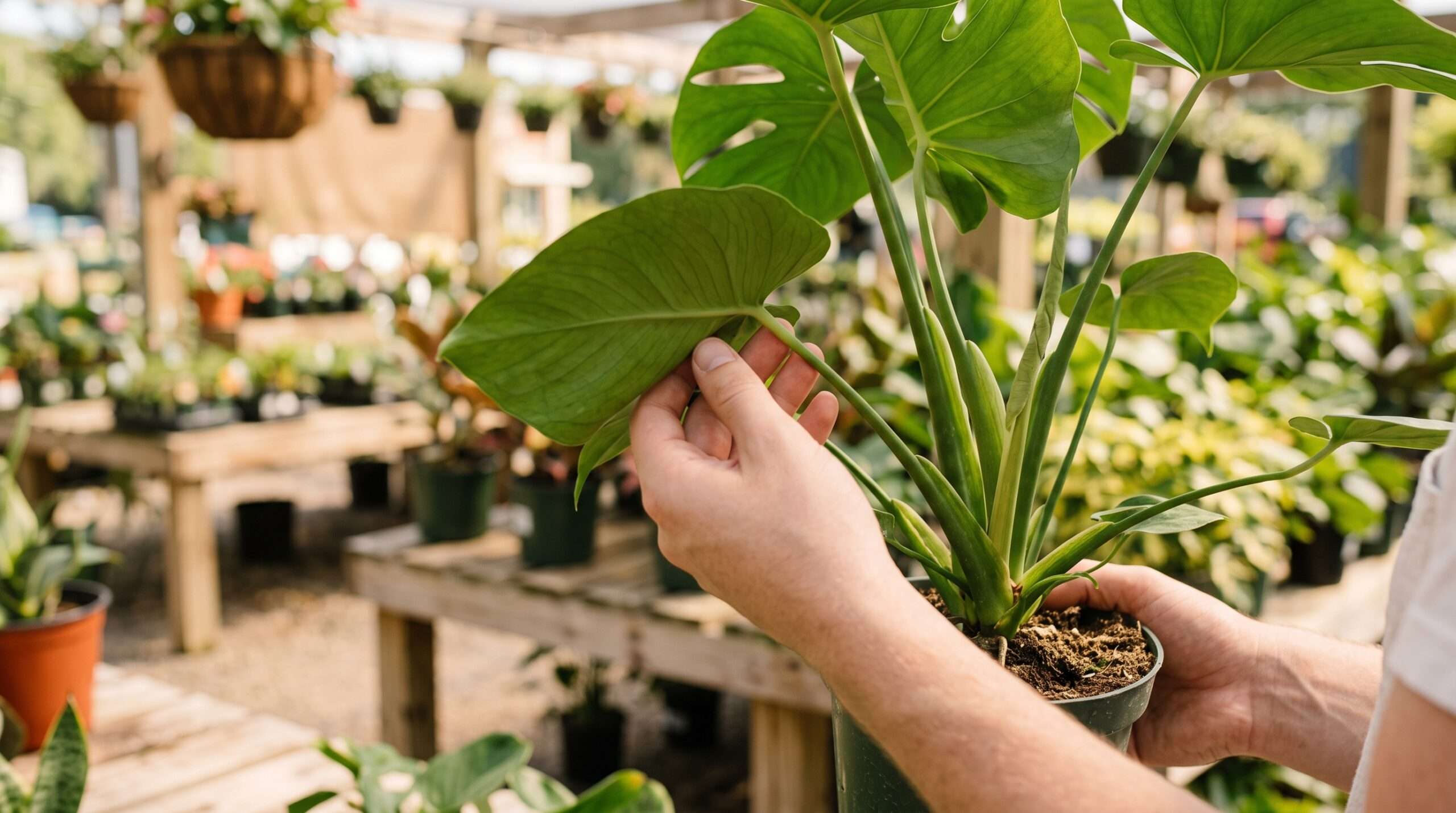 A hands-on inspection of a houseplant's leaves and soil for pests and health at a Wilmington nursery.