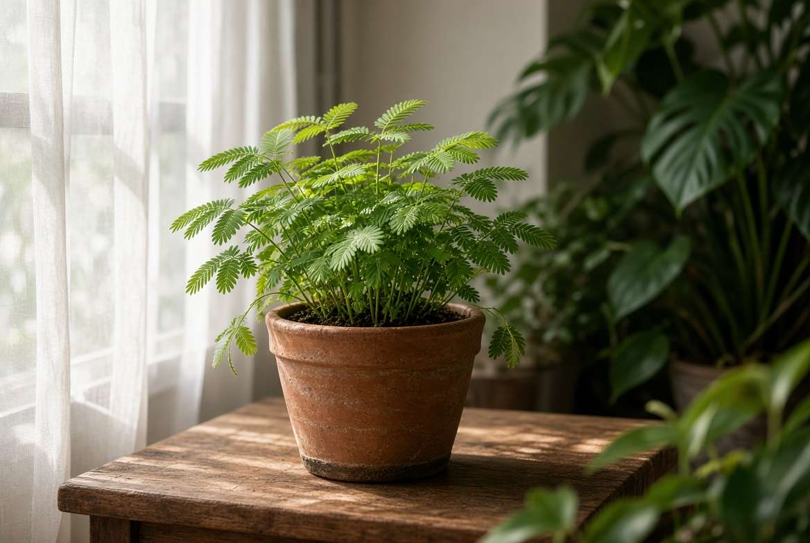 A lush, potted sensitive plant thriving in bright, indirect sunlight near a window with sheer curtains