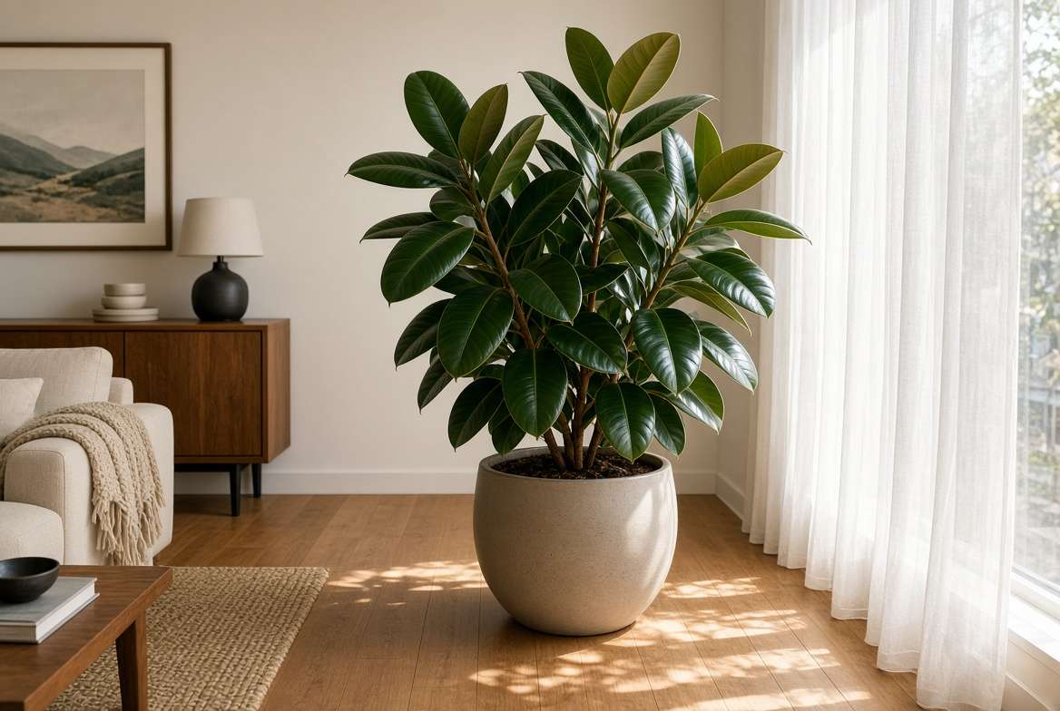 A tall and healthy rubber plant thriving in bright, indirect sunlight near a living room window.