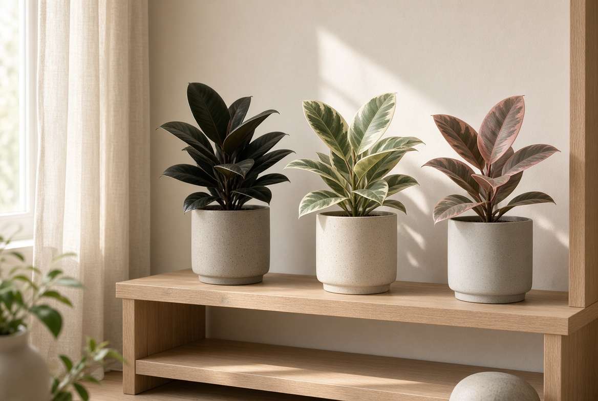Three popular rubber plant varieties including Burgundy, Tineke, and Ruby sitting on an indoor plant shelf.