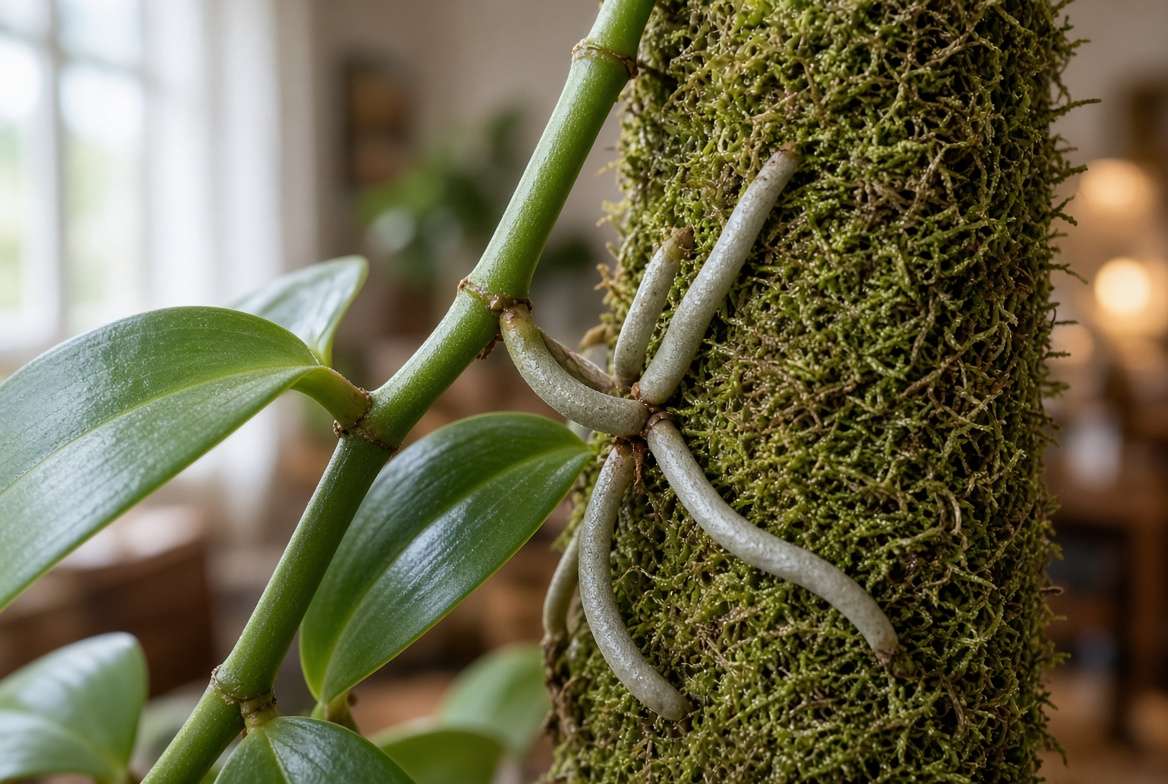 Close-up of vanilla bean plant aerial roots clinging to a moss pole support.