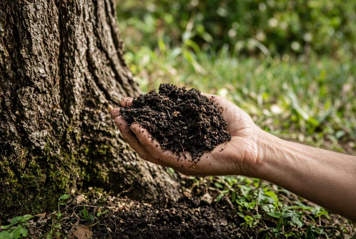 Gardener performing a finger-deep soil moisture test around the root zone of a tree to check for overwatering