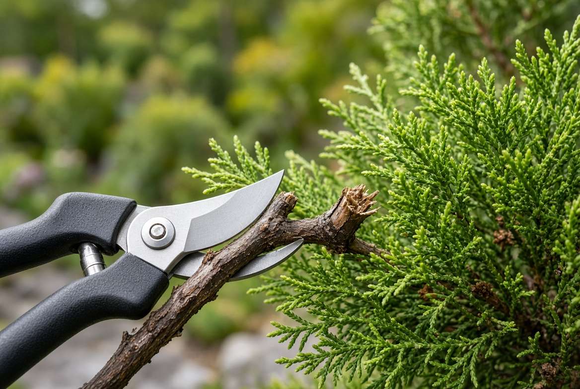 Sanitized pruning shears cutting a diseased brown branch from a cypress tree to prevent canker spread.