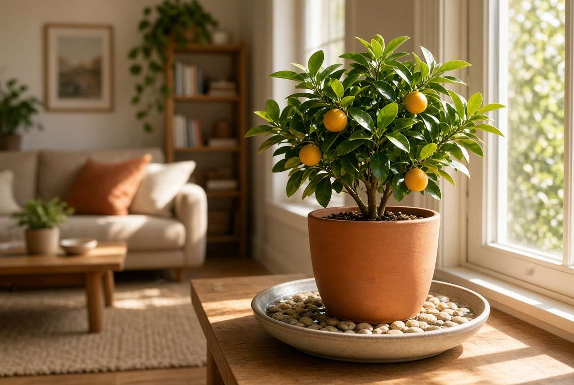 A potted indoor calamondin tree sitting on a water-filled pebble tray to increase humidity near a sunny window.