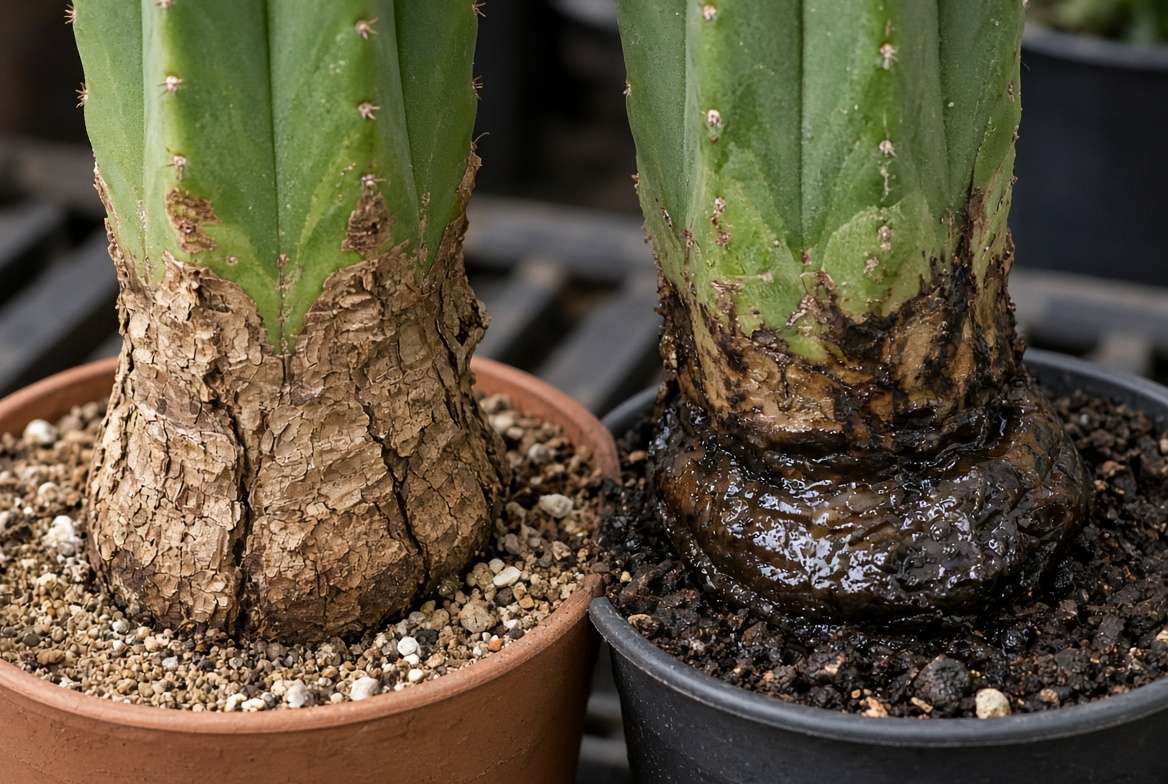 A side-by-side comparison image visually distinguishing the hard, woody texture of natural San Pedro corking from the soft, dark, mushy tissue of fatal root rot.