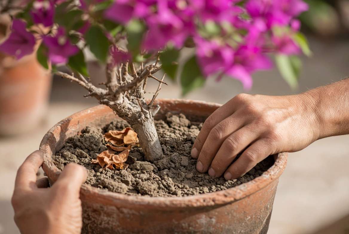 Checking dry, crumbly soil at the base of a potted bougainvillea plant before watering.