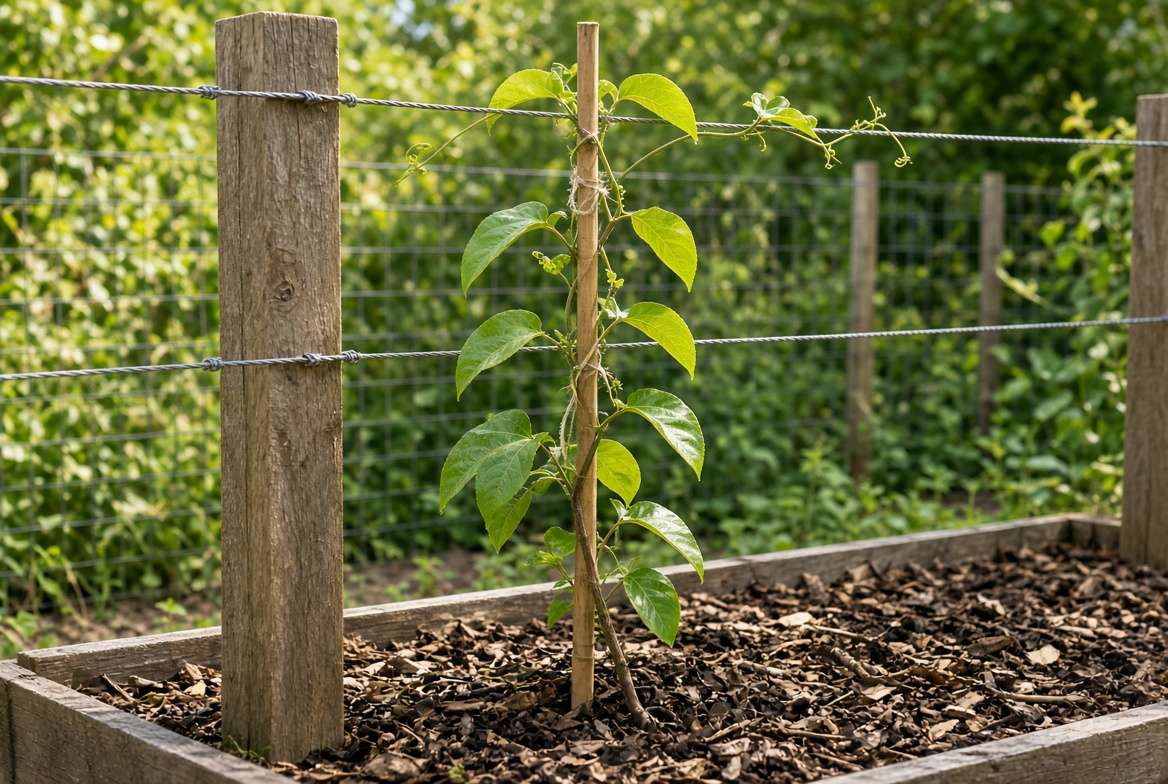 A sturdy wooden T-post trellis system in a garden supporting a young growing passion fruit vine guided up a central stake.