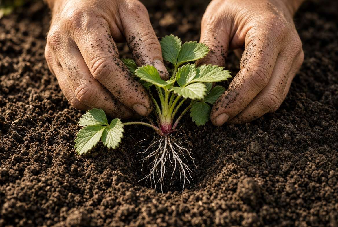 A gardener correctly planting a bare-root strawberry plant with the crown exactly at soil level.