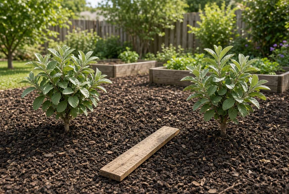 Two young pineapple guava plants spaced properly in an outdoor garden bed to allow for healthy mature growth and maximum fruit yield.